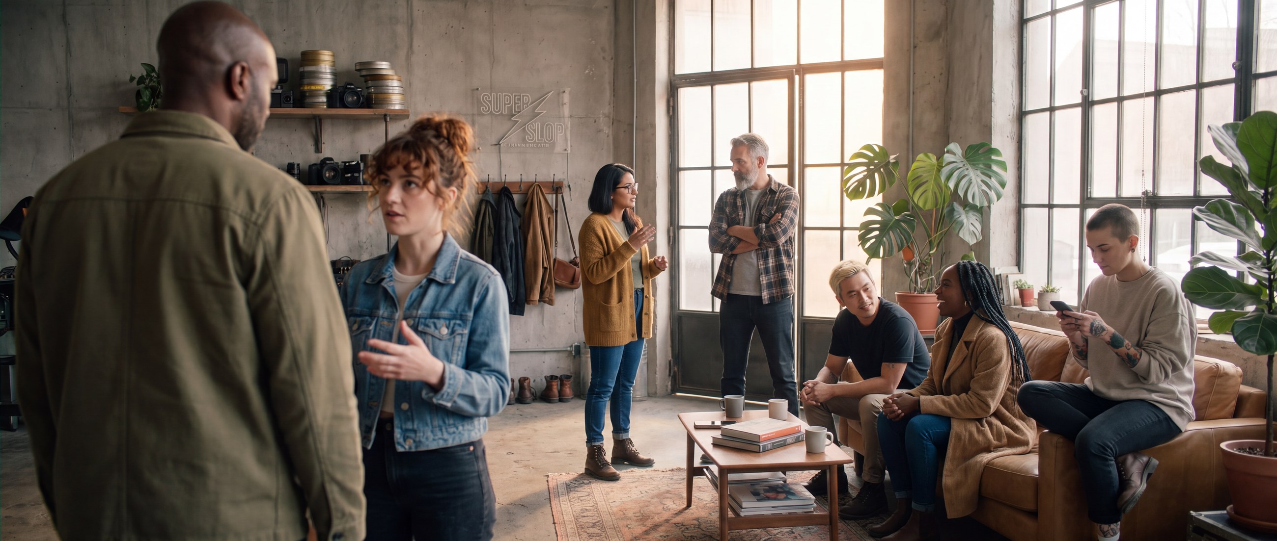 The studio's front room: two people talking in the foreground, out of focus, and five others further in, mid-conversation around the couch