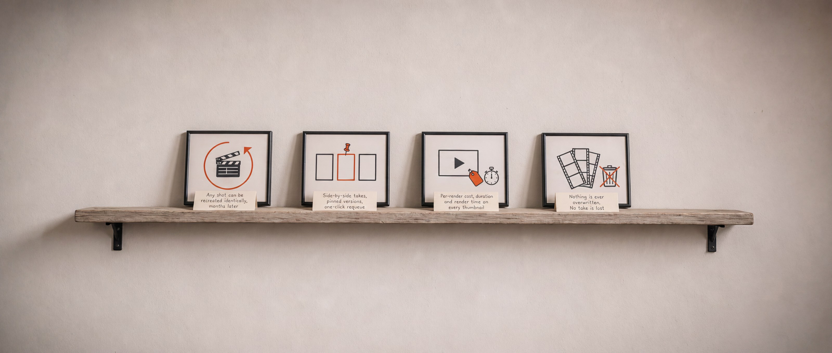 A shelf holding four framed drawings, each with a card in front of it:
                  any shot can be recreated identically months later; side-by-side takes,
                  pinned versions, one-click requeue; per-render cost, duration and render
                  time on every thumbnail; nothing is ever overwritten, no take is lost