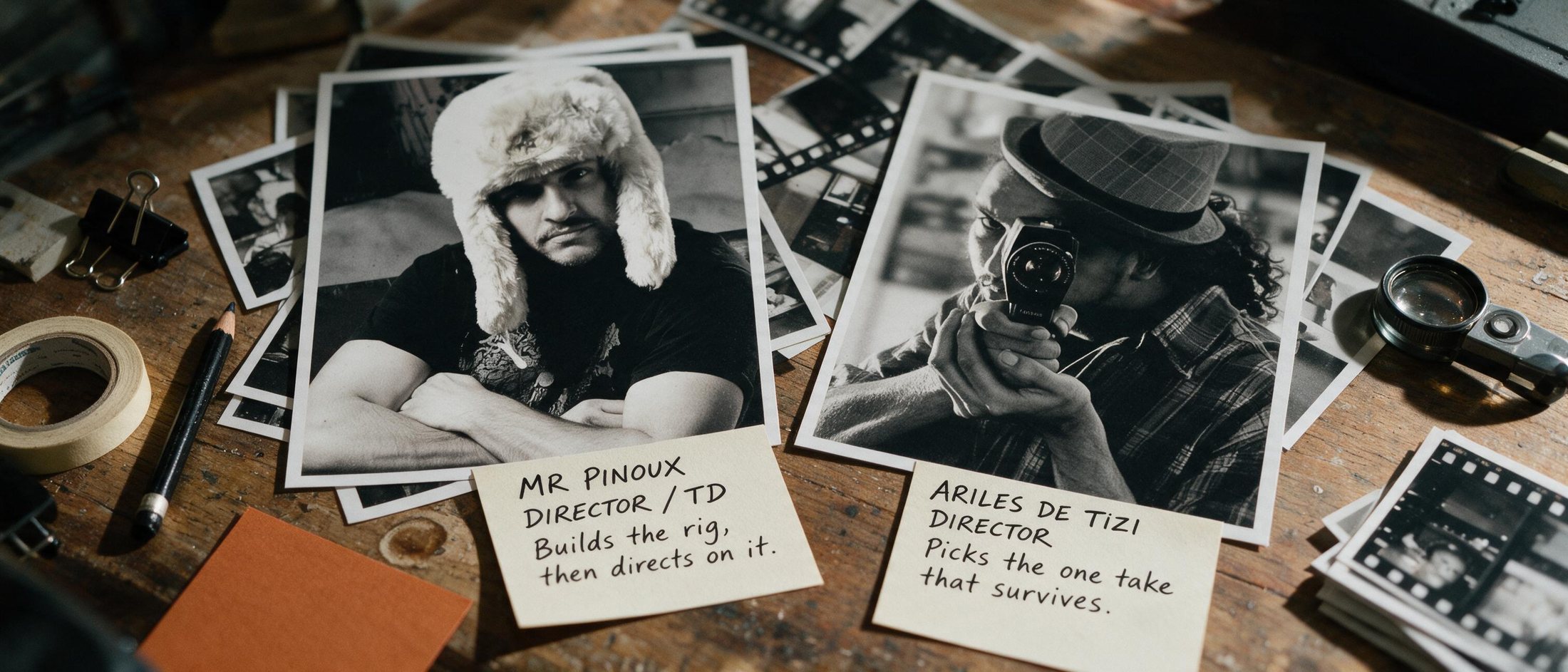 Prints of the two directors laid out on the studio bench, each with a handwritten card: Mr Pinoux, Director / TD, and Arilès de Tizi, Director