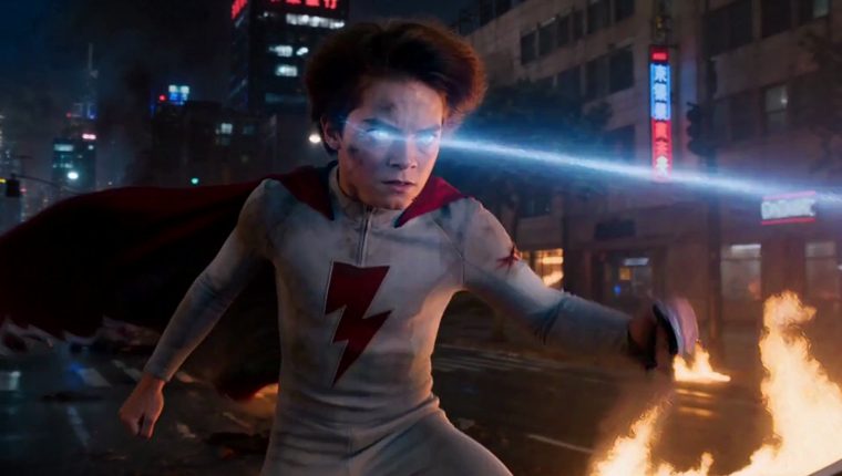 Frame from the cut: the boy firing a beam from his eyes