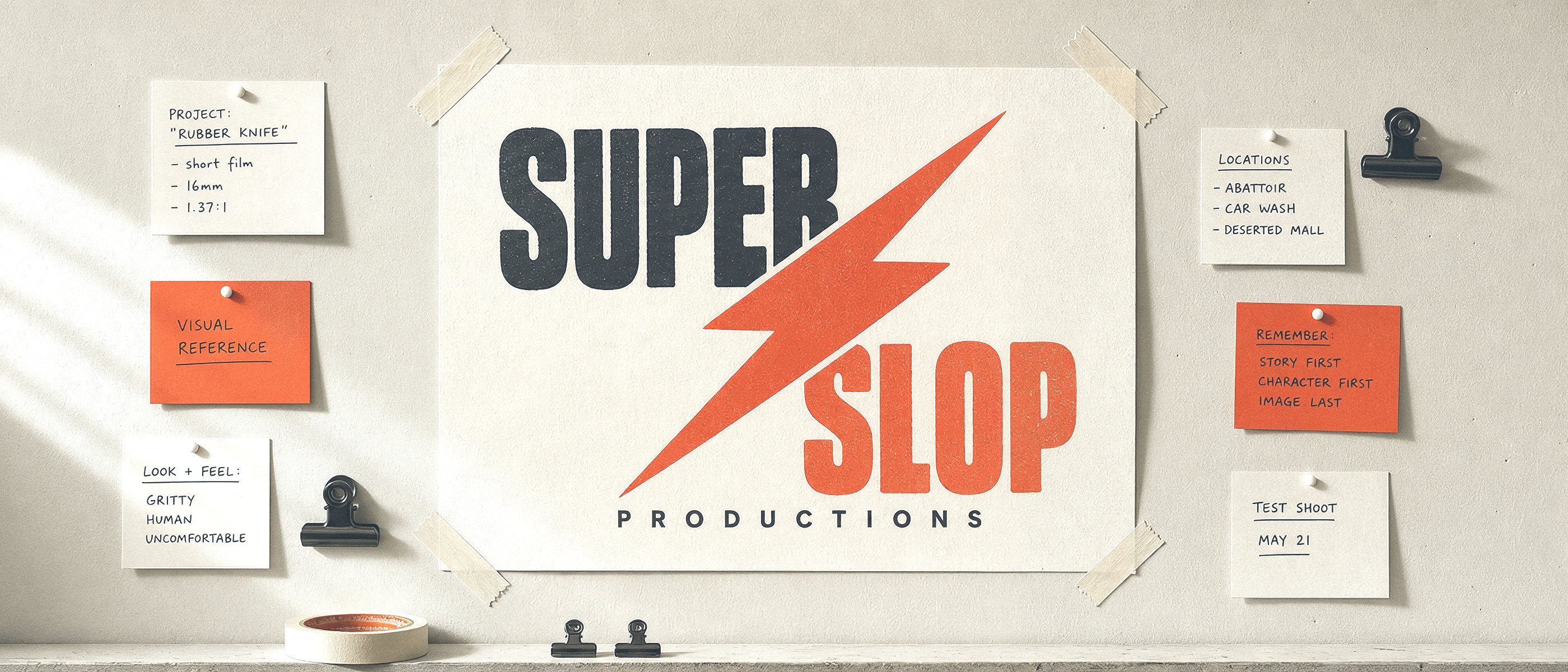 Super Slop Productions — the studio logo screenprinted on a poster taped to the pre-production wall, surrounded by handwritten shot lists and director's notes