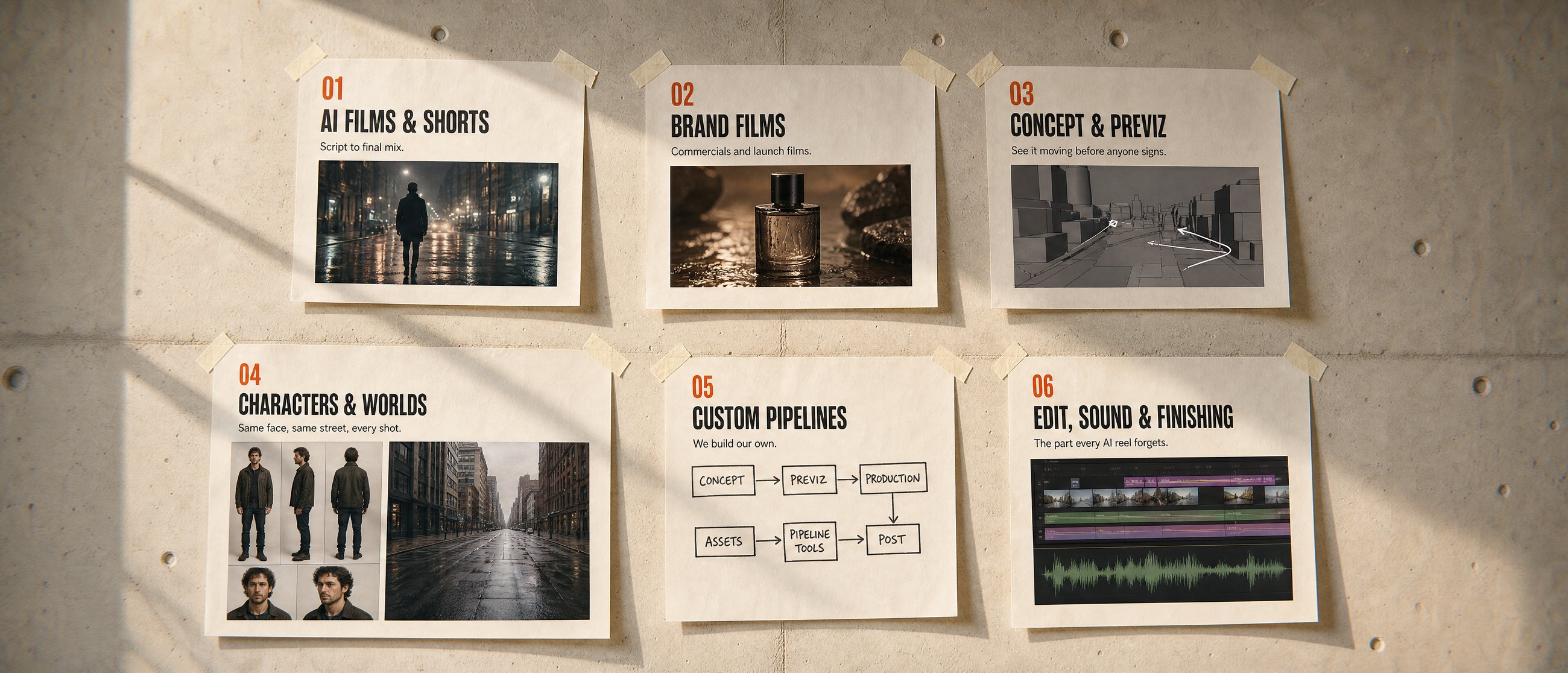 Six sheets taped to the studio wall: AI films and shorts, brand films, concept and previz, characters and worlds, custom pipelines, edit sound and finishing