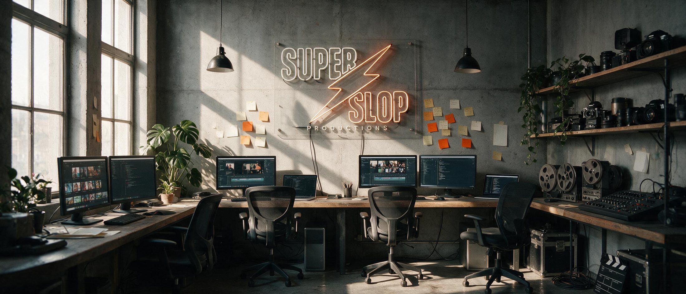 The studio: three edit stations along a wooden bench under an unlit SUPER SLOP sign, daylight from steel-frame windows