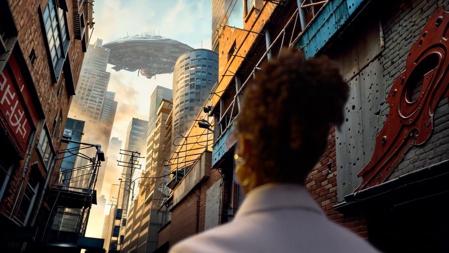 Ships over the city, seen from the alley